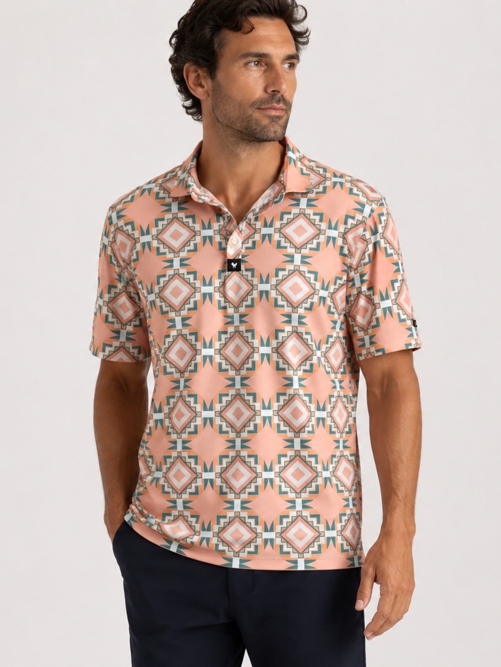 Bad Birdie Men’s Aztec Geo Print Stretch Golf Polo Shirt Pink / Green Sz Large
